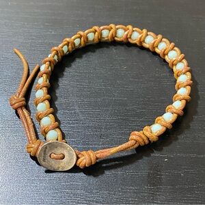 CHAN LUU Henna Braided Leather Button Bracelet with Lightest Blue Faceted Beads